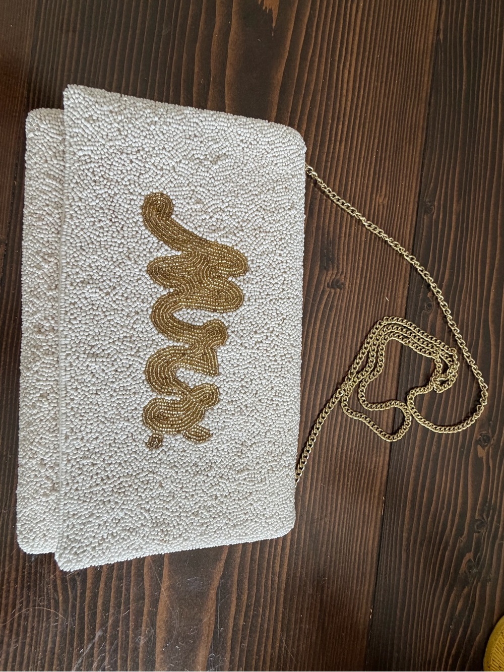 Beaded White and Gold Chain Clutch
